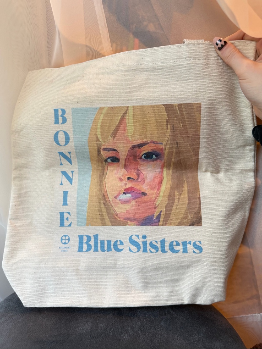 Canvas Tote Bag - Cream with Blue Graphic
